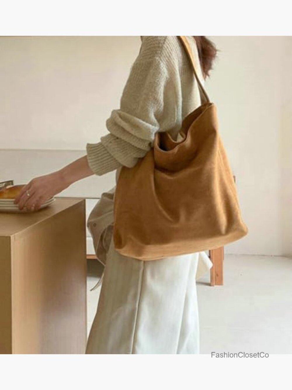 Suede Hobo Tote Bag Casual Shoulder Slouchy Handbag Fall Winter Large Pocket - Picture 6 of 7